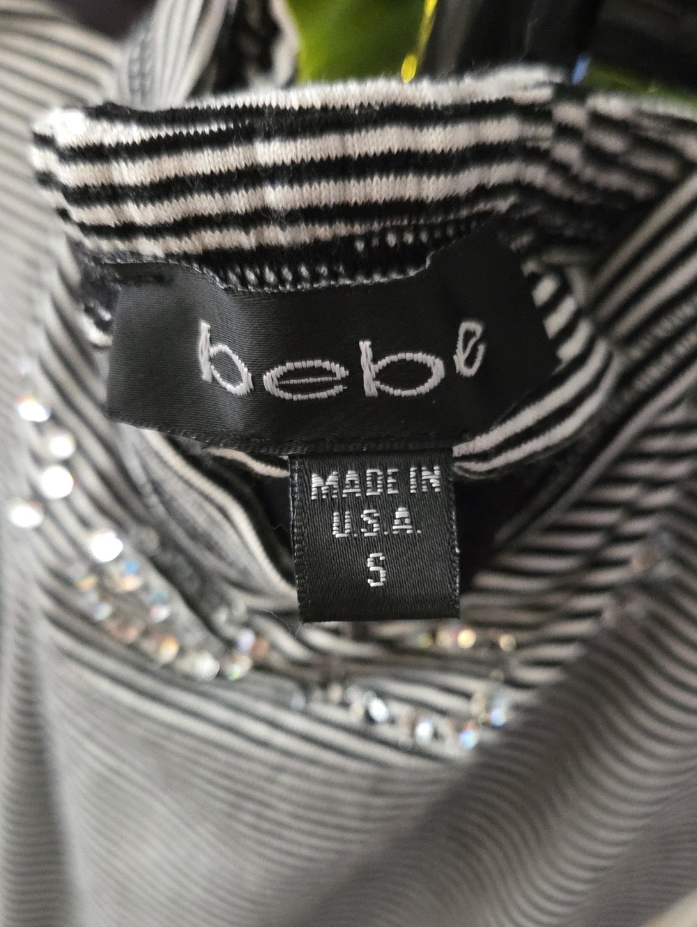 Y2k vintage authentic Bebe Logo Black and White Striped Rhinestone Tube Top - Picture 3 of 7